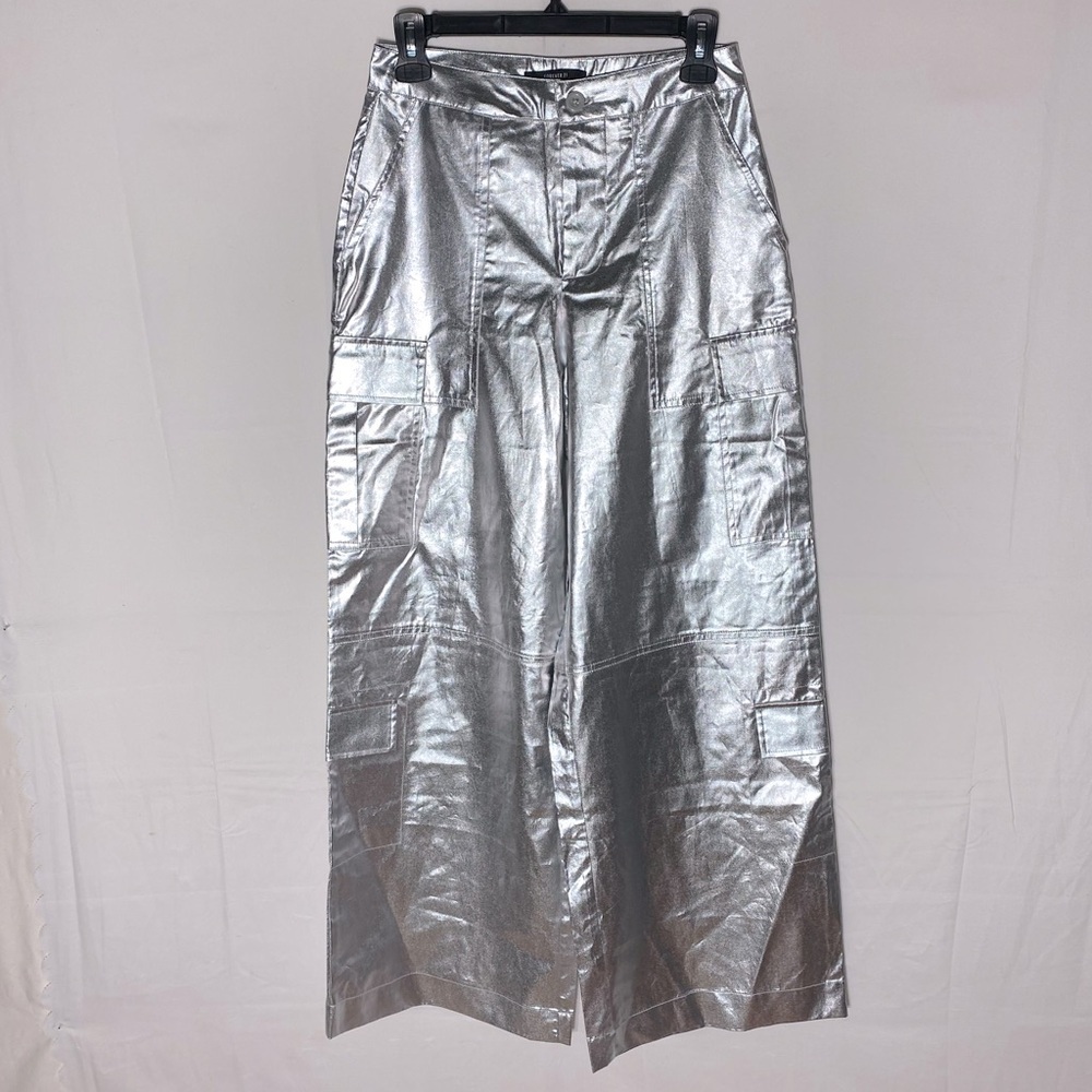 Forever 21 Silver Metallic Wide Leg Cargo Pants S Festival Retro Futuristic Rave